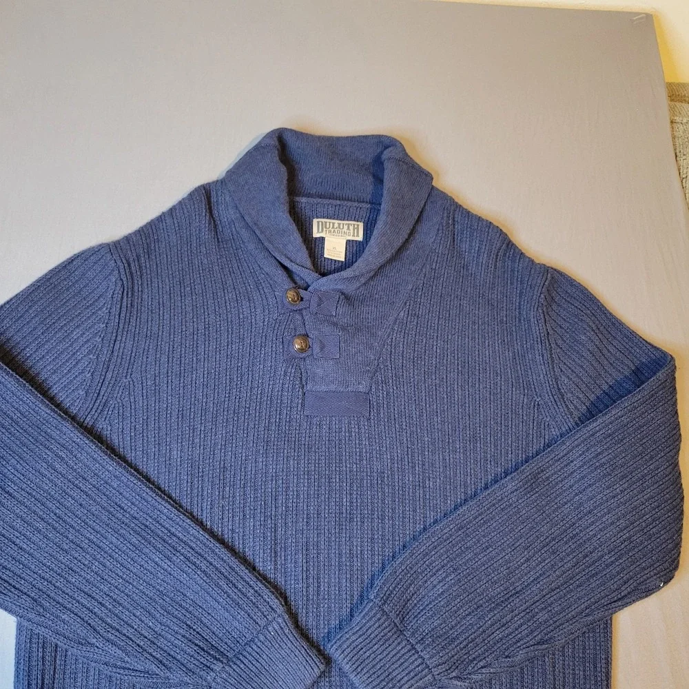 Duluth Trading Co Sweater Mens XL Blue Brigadier Shawl Collar Wool Blend - Picture 3 of 7